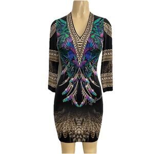 Just Cavalli Dress V Neck Sheath Mini Feather Jewel Print 3/4 Sleeve Black 38 S
